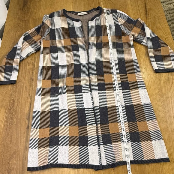 LOFT Plaid checked Open Front Sweater Cardigan Neutral Plaid Women’s Size Medium - Picture 3 of 6
